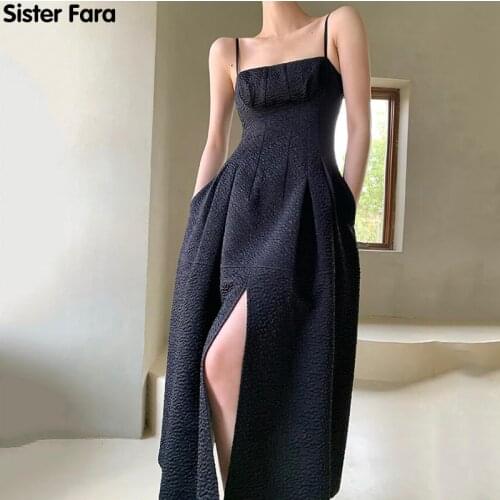 Sister Fara New Summer 2021 Elegant Spaghetti Strap Dress for Women Sleeveless Pocket Dresses Office Lady Split Camisole Dress