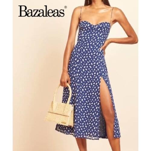 Bazaleas Vintage Sleeveless party dress Adjust spaghetti strap vestido Blue Leopard Print women midi dress Casual