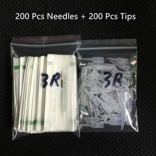 200Pcs Needles + 200pcs Tips Permanent Makeup Eyebrow Lips Tip Tattoo Needle Caps Nozzle Machine 0.5*0.7*2.5cm Big Size