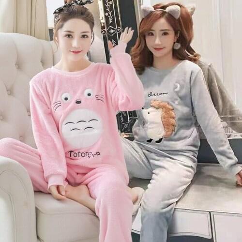 2021 Winter Long Sleeve Thick Warm Flannel Pajama Set for Women Cute Cartoon Sleepwear Suit Pyjama Homewear Pijama Mujer Clothes