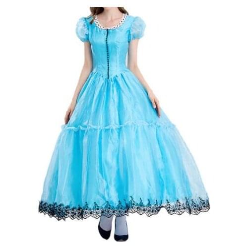 Alice in Wonderland Mad Hatter Queen Halloween Party Princess Maid Carnival Cosplay Blue Dress Costume