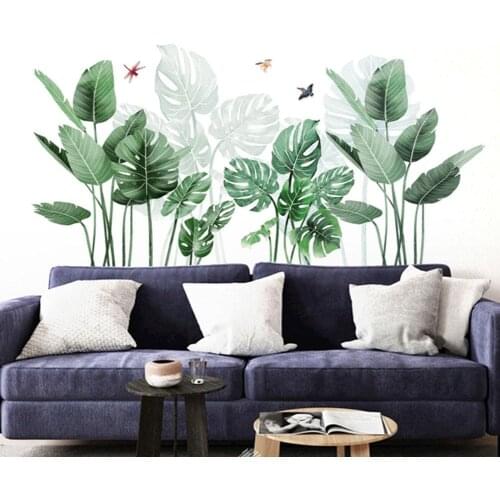 Large Green Tropical Plant Leaves Stickers Wall Door Decor Living Room Corner Decoration Removable Vinyl Mural Art Decals