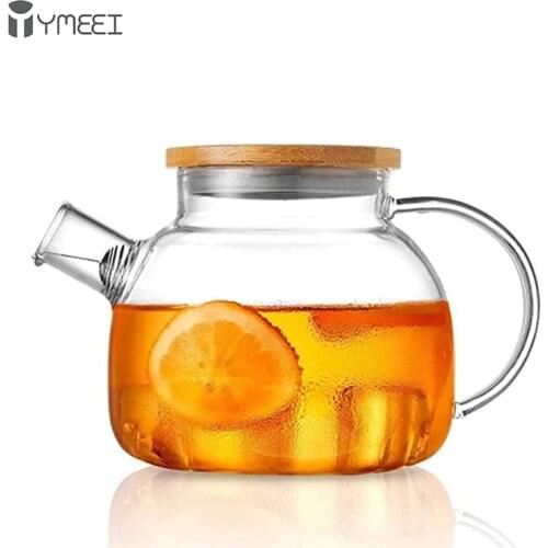YMEEI 1L Large Capacity Borosilicate Glass Teapot Heat Resistant Clear Water Bottle Filters Flower Teapot With Bamboo Lid