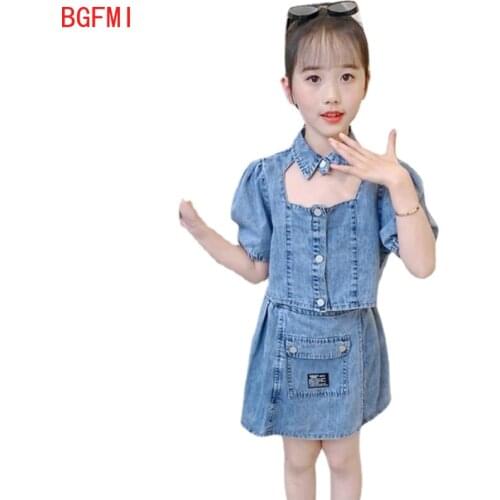 110-160cm Girls Suits 2021 Summer New Korean Children Fashion Clothes 10 12 Yrs Big Kid Denim Hollow Shirt + Skirt Two-piece Set