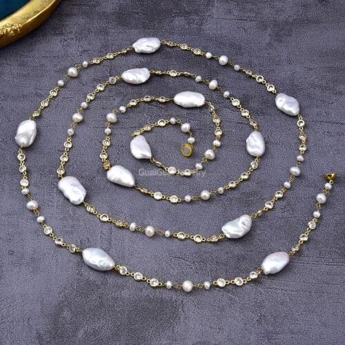 65'' White Keshi Pearl Crystal Chain Long Necklace