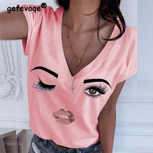 Summer Cute Funny Women Causal Short Sleeve Eye Lip Printed Graphic Plus Size V Neck Tops Female Fashion Loose T Shirt Camisetas
