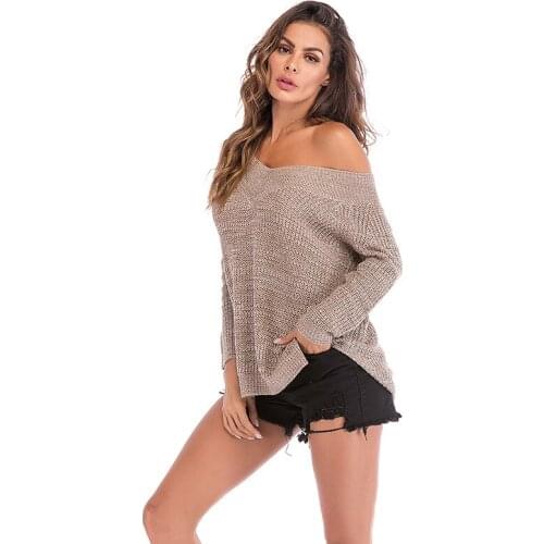 Hot Sale Sweater Women Casual Loose Sexy Off Shoulder Solid Knitted Woman Sweaters V-neck Long Sleeve Tops for Women Spring 2021