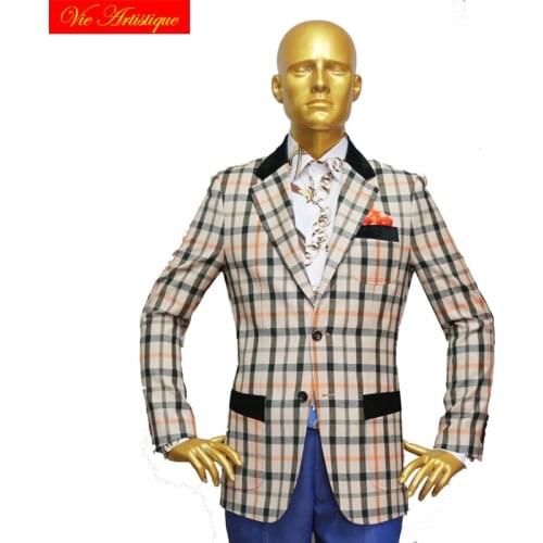 Custom tailor made Mens bespoke suits business formal wedding ware bespoke 2 piece (Jacket+Pants) beige plaid wool slim fit 19