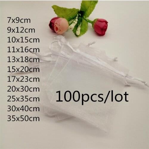 100pcs Organza Bags White Jewellery Bag Organza Jewelry Bag Drawstring Jewelry Packaging Bags 7x9 10x15 20x30cm Jewelry Pouches