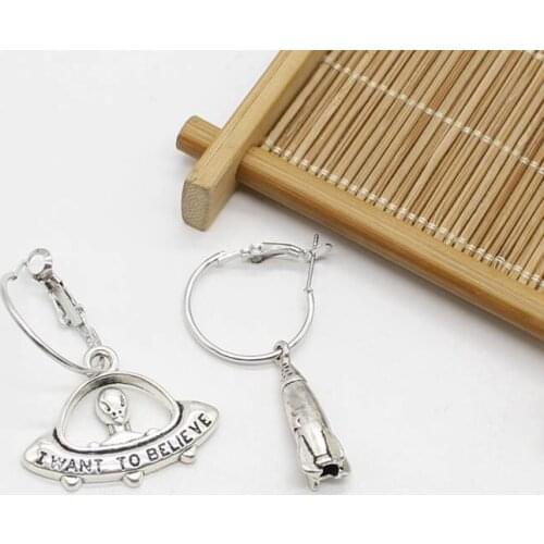 Fashionable vintage Tibetan silver alien flying saucer drop earrings, rocket earrings, Saturn earrings, asymmetric earrings, han