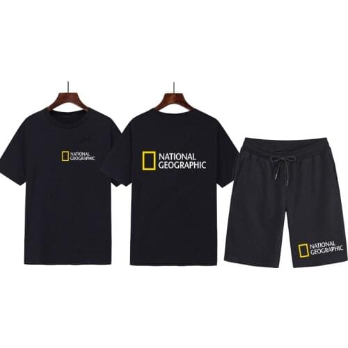 National Geographic sportswear mens casual brand fitness sweatshirt two-piece 100% cotton T-shirt shorts hip-hop fashion