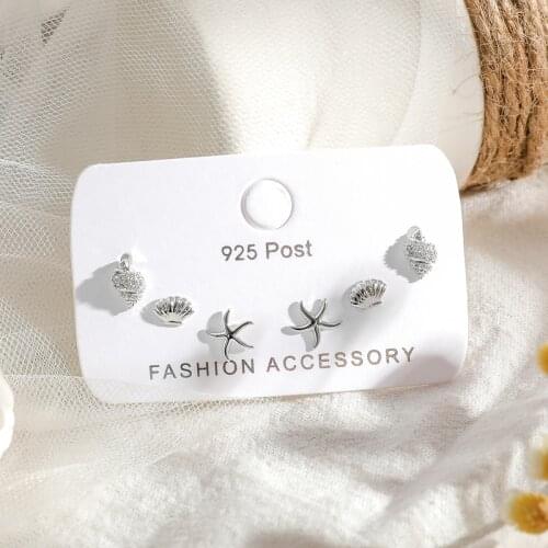 New Fashion Conch Starfish Shell Zircon Stud Earrings Set For Women Friend 6-piece Earrings Set Jewelry Gift S-E1209