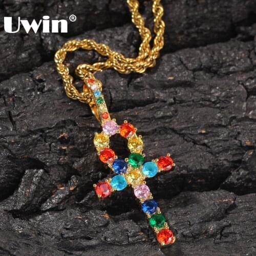 UWIN Rainbow Mix-colored Ankh Cross Charm Necklace Paved Iced Out AAA Cubic Zirconia Chain Women Hiphop Jewelry Pendant