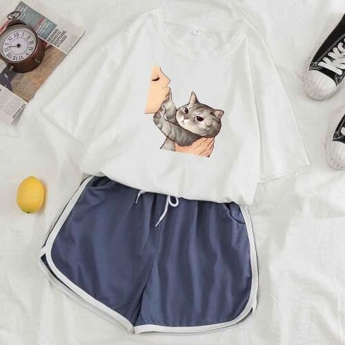Cat Print Cartoon Pajamas Womens Sleepwear Cute Short Set Pajamas for Women Two Piece Set Loungewear Set Casual Homewear