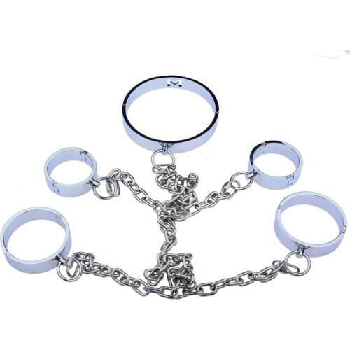 Sex Slave bdsm Bondage stainless steel chain Detachable Metal Set Handcuffs+Legcuffs+ Steel CollarRestraints SexToys For Couples