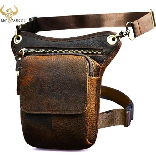 Thick Genuine Leather Men Design Small Messenger Sling Bag Multifunction Vintage Fanny Waist Belt Pack Leg Drop Bag Pouch 211-1