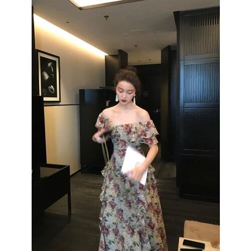 French Style Vintage Floral Dress Womens Waist-Tight Slim Fit Sweet Temperament Goddess Style Chiffon A- line Dress women