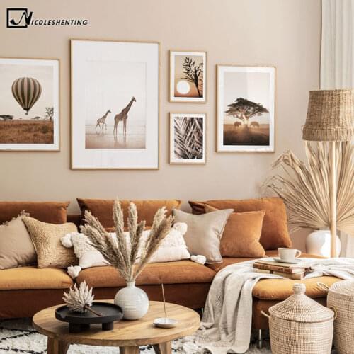 Sunset African Savanna National Park Poster Wildlife Giraffe Nature Landscape Painting Canvas Art Print Artwork Wall Picture