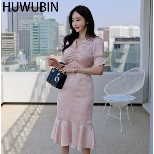 Summer Korean New Paragrap Womens Pleated V-Neck Printing Collect Waist Slim Fishtail Skirt Fashion Elegant Medium Length Dress