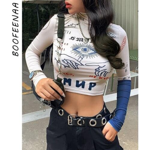 BOOFEENAA Graffiti Letters Print Turtleneck Long Sleeve Shirt Women Sexy Crop Top Aesthetic Graphic Tees Fall Tshirts C94-BD10