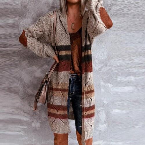 Ladies retro long cardigan sweater autumn and winter fashion long-sleeved striped stitching hooded knitted sweater warm jacket