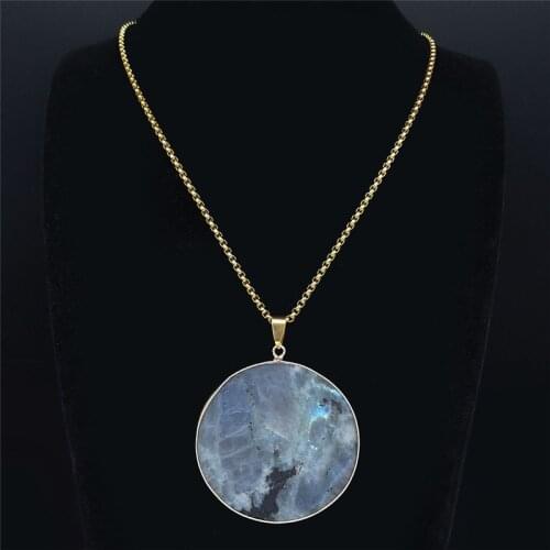 Natural Flash Stone Stainless Steel Long Necklace Women Big Round Pendant Necklace Jewelry joyeria acero inoxidable NXS04