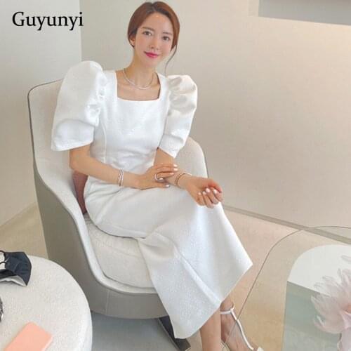 White Office Lady Dress 2021 Summer Square Neck Puff Sleeve Simple French Style Long Temperament Womens Elegant Party Dress