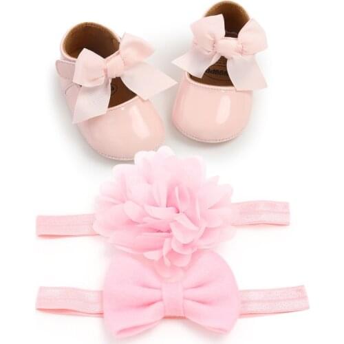 3 Pcs Lovely Baby Girl Anti-Slip Casual Walking Shoes Bow Soft Soled Shoes+ 2 Pcs Headbands Soft Sole Baby Walking Shoes