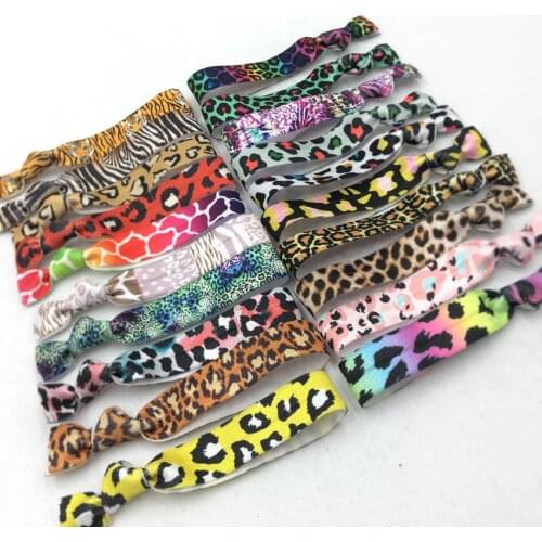 40pcs/Lot 5/8"Leopard Fold Over Elastic Band Hair Tie FOE Ribbon Bracelet Ponytail Holder
