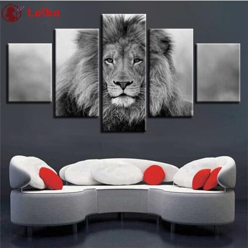 5D DIY Diamond Painting Black and white animal art, lion cross stitch full square/round diamond embroidery mosaic painting5pcs
