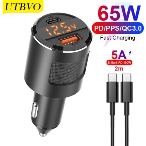 65W USB C Car Charger with Display,2-port PPS/PD 65W/45W/30W/20W QC3.0 18W for Xiaomi Huawei Type C Laptop Tablet iPhone Samsung