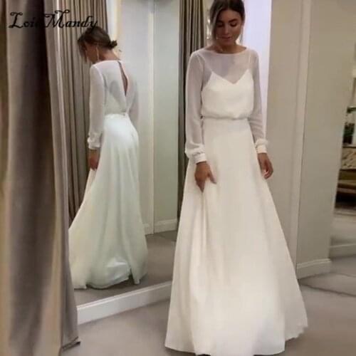 Bohemian Chiffon Wedding Dresses 2021 Long Sleeves Bridal Gown Jewel Neck Beach Wedding Gown For Women Vestidos De Novia