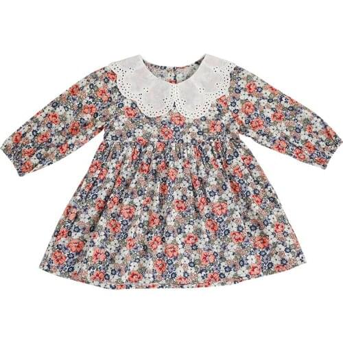 Autumn Spring Baby Girl Sweet Lapel Small Floral Princess Long Sleeve Dress Kid Clothes