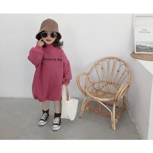 Girls Clothing Winter Children Baby Cotton Letter Print Casual Long Sleeve Long Loose Thickened Dresses Kids Fashion Top Clothes