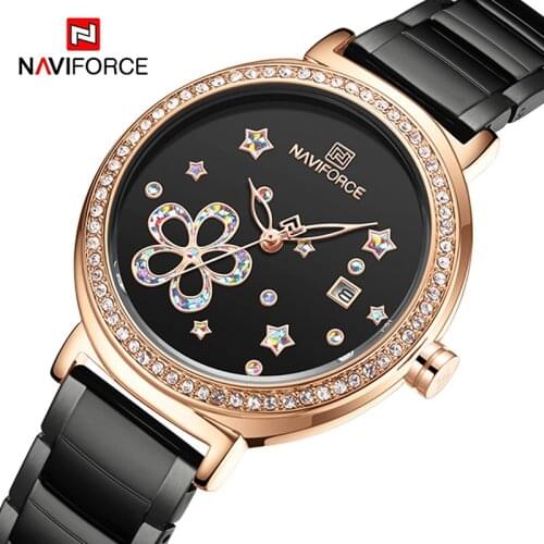 NAVIFORCE Most Popular Watch For Women Fashion Sport With Diamonds Rose Gold Black Stainless Steel Quartz Calendar Wrist Watch