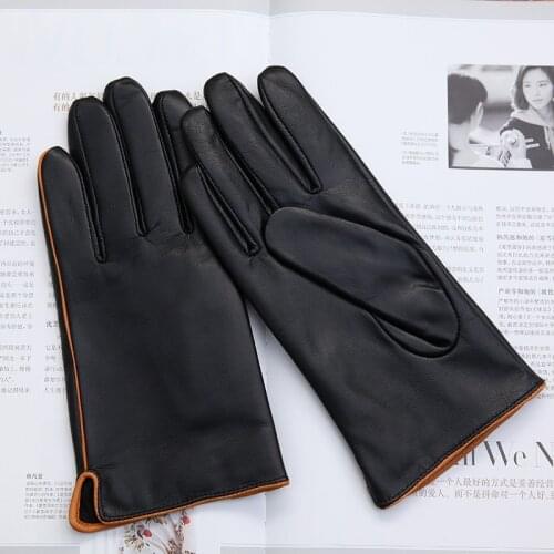 Real Leather Gloves Male Autumn Winter Thin Velvet Lined Two Tone Color Classic Black Basic Models Sheepskin Mans Gloves DQ1916