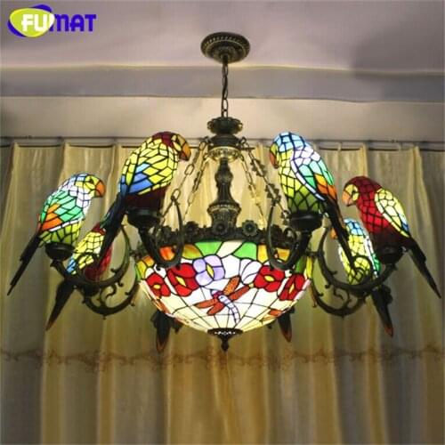 FUMAT Parrots Bird Chandelier European Retro Stained Glass Suspension Lamp Living Room Hanging Light Fixtures Pendientes Lustre