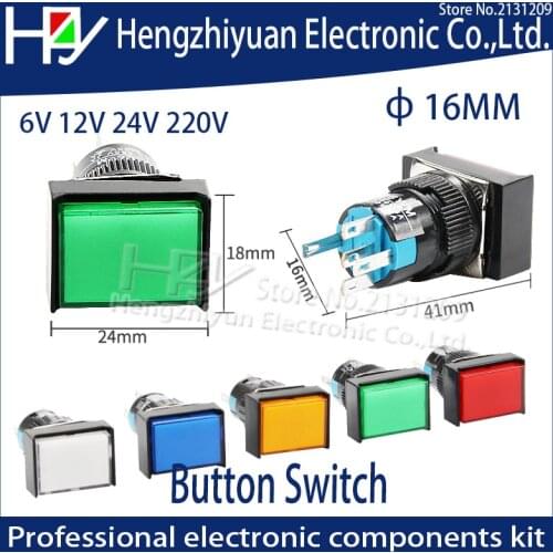 Hzy 16mm Rectangle Momentary push button switch lamp 5pins 6V 12V 24V 220V Reset switch lock switch Blue Green Red White Yellow