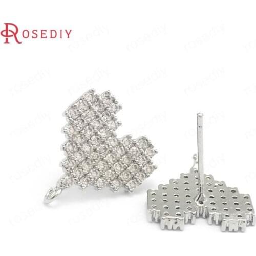 40313)2PCS 14x16MM Platinum Color Brass with Glass Rhinestone Heart Shape Stud Earrings Jewelry Making Supplies Diy Accessories
