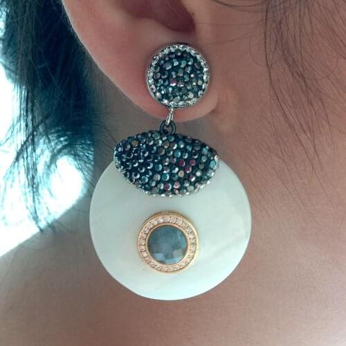 Natural Labradorite White Mop shell coin cz pave Stud Earrings ethnic style for women