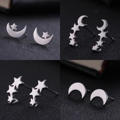 Sipuris Cute Stainless Steel Star Moon Stud Earrings For Women Girls Fashion Korean Jewelry Accessories Best Gift for Friend