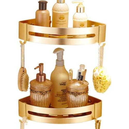 Bathroom Corner Gold Shelf Shower Caddy with Two Hooks Self Adhesive Wall Mount with Screws Storage Shelves Triangle Baskets