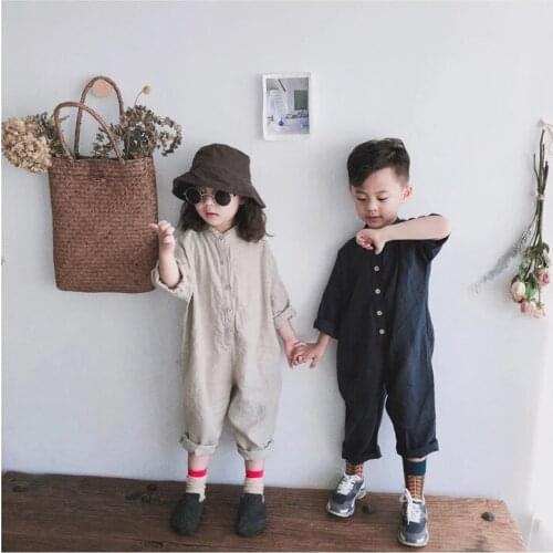 2020 Spring Autumn Boys Girls Solid Color Linen Long Sleeve Jumpsuits Korean Style Toddler Kids Soft Loose Bodysuits 1-7Y