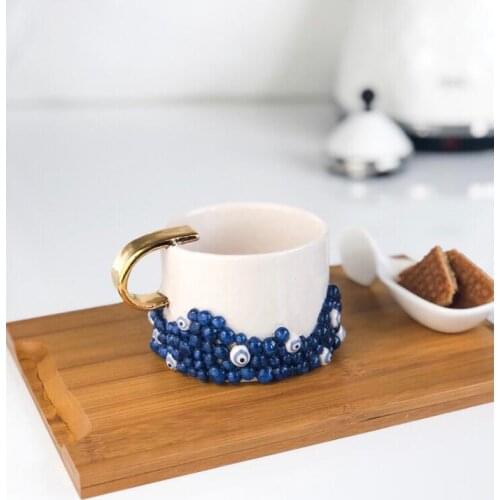 Handmade High Quality Ceramic Evil Eye Beaded Authentic Office Coffee Cup and Saucer