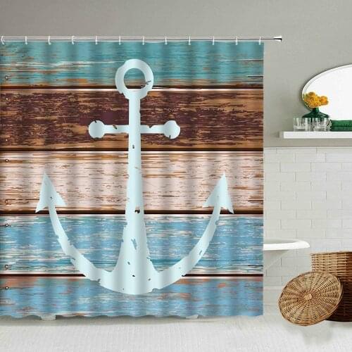 Blue Wood Grain Nautical Anchor Shower Curtain Shell Starfish Bathroom Bathtub Blackout Waterproof Polyester Screen With Hook