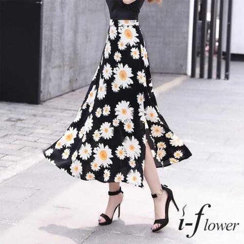 Daisy Print Long Skirt Womens 2021 Elegant Fashion Elastic High Waist Skirt A-line Office Lady Floral Chiffon Expansion Skirt