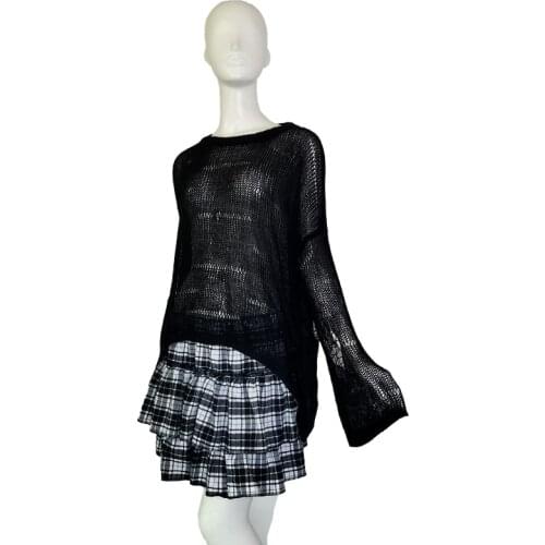 Autumn Women Hollow Out Hole Sweet Knit Sweater Gothic Lady Sexy Thin Pullover Loose Sweater Korean Fashion Black White Top