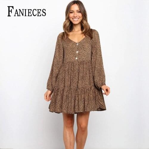 2021 Autumn Women Button Decoration Leopard Print Vestidos Long sleeve Loose Above Knee Dress Casual Boho Ladies A-Line Dresses