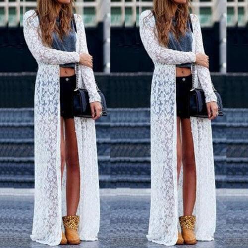 Women Sheer Lace Bikini Cover-up Summer Cardigan Swimwear Beach Long Dress Sexy Swimsuit