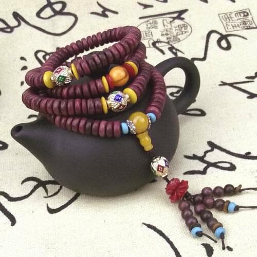8x3mm Tibetan Buddhism 216 Purple Light Sandalwood Prayer Bead Mala Necklace